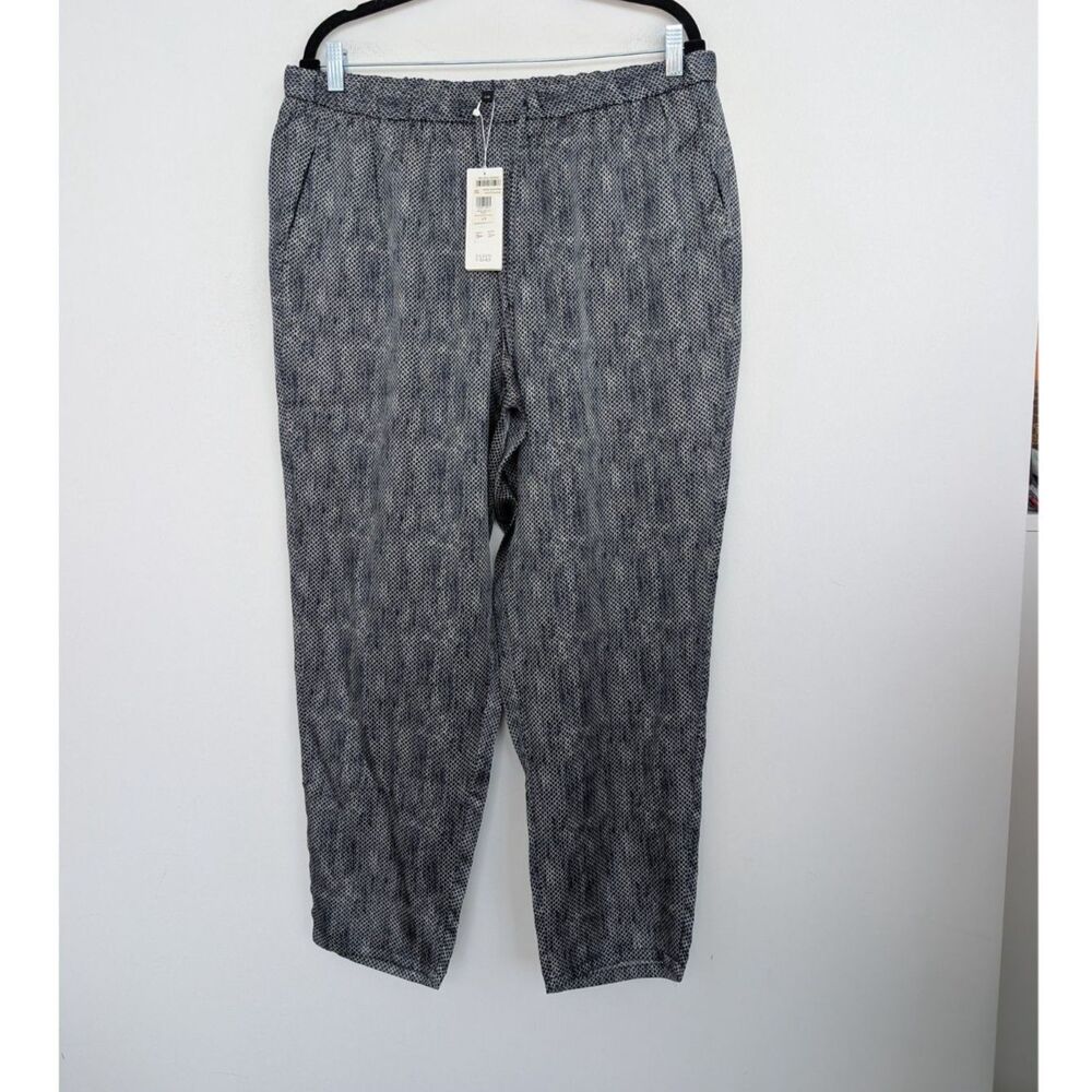 NWT Eileen Fisher Silk Crepe Geometric Print Midnight Ankle Length Pant Sz L